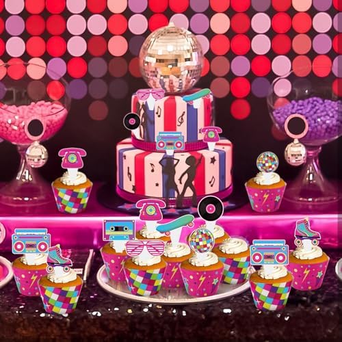 Hooqict 48 Pack 80s Cupcake Toppers and Wrappers Neon Retro Party Cupcake Topper Decorations for 80s 90s Hip Hop Neon Throwback Birthday Party Decorations Supplies