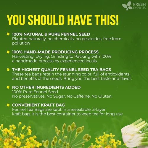 FreshDrinkUS, Premium 135 Fennel Tea Bags, 100% Natural & Pure from Fennel Seeds. Made with Natural Material Tea Bags. No Sugar, No Caffeine, No Gluten, Vegan.