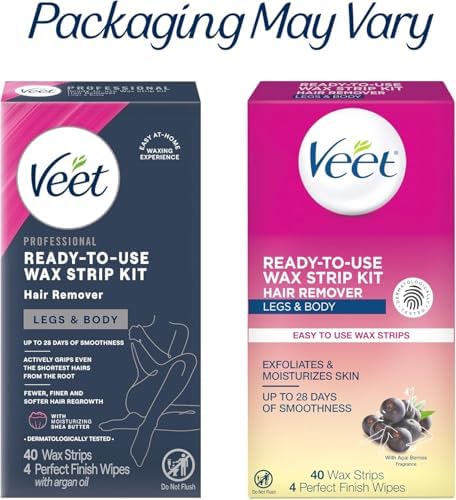 VEET Sugar Wax Strips For Women's Body Hair Removal, Bikini Hair Removal Kit, Pubic, Dermatologically Tested For Body & Intimate Areas, 40ct Wax Strips with Shea Butter & 4ct Wipes (Pack of 3)