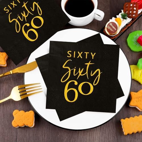 40pcs Black and Gold 60th Birthday Cocktail Napkins,60th Birthday Party Disposable Beverage Dessert Cake Table Decorations,Happy 60th Birthday Decorations for Men and Women