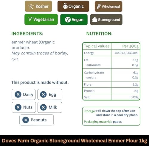 Doves Farm Organic Stoneground Wholemeal Emmer Flour 2.2 lb / 1 kg (Pack of 2) - High Protein Ancient Grain Emmer Whole Wheat, British Baking Flour for Breads & Cakes, Kosher & Vegan, Imported from UK