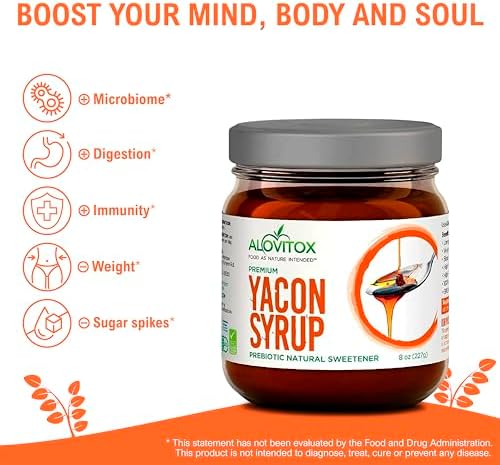 Organic Yacon Syrup by Alovitox - Natural Sweetener Rich in Antioxidants, Vitamins, Prebiotics Helps with Low Glycemic Index, Low Calorie - Organic, 8 Oz (Pack of 1)