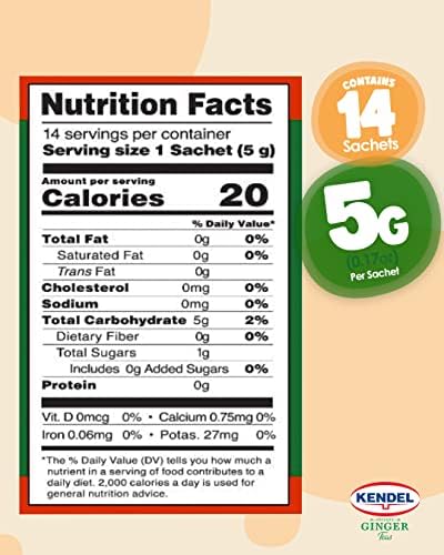 Kendel Instant Ginger Tea – Unsweetened Real Ginger Powder Drink – Caffeine Free Digestive Support – Hot or Cold Mix – 14 Sachets