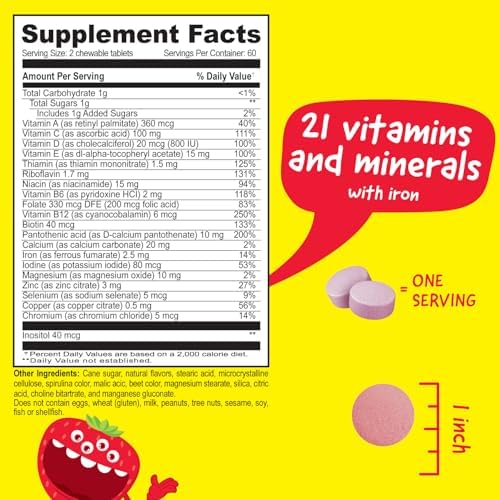 Kids Multivitamin with Iron & Minerals Chewable Tablets - Mixed Fruit Flavor - Vegetarian, GMO-Free, Nut Free - Dietary Supplement - Digestive Support for Children - 120 Chewables