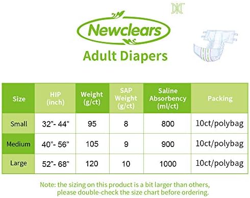 Newclears Adult Diapers with Tabs for Men Women Incontinence Care, Disposable Absorbent for Disability Postnatal Patient Bedridden Care, 10 Count/Pack, 2 Pack, L