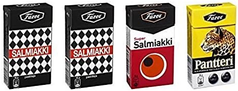 4 Boxes X 38g of Fazer Super Salmiakki Mix ((2) salmiakki - (1) super salmiakki - (1) pantteri) Original Finnish Salty Licorice Liquorice Salmiac Pastilles Lozenges Dragees Drops Sweets Candy
