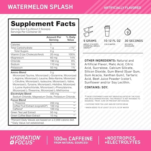 Optimum Nutrition Amino Energy Powder Plus Focus, with BCAA, Electrolytes, and Caffeine, Watermelon, 30 Servings (Packaging May Vary)