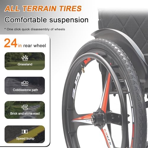 Foldable Ultra Lightweight Sports Wheelchair,Transport Wheelchairs,Portable All-Terrain Self Propelled Aluminum Alloy Manual Wheel Chair with Anti-Tipper,Load Capacity 220 Lbs(Black A)