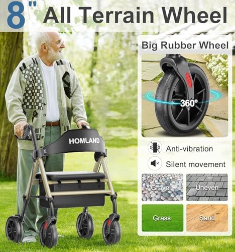 HOMLAND Walkers for Seniors with Seat, Foldable Rollator Walker, Reinforced Aluminum Frame, 8" Big Rubber Wheels for All Terrain, Height Adjustable Lightweight Rolling Walker