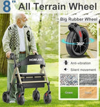 HOMLAND Walkers for Seniors with Seat, Foldable Rollator Walker, Reinforced Aluminum Frame, 8" Big Rubber Wheels for All Terrain, Height Adjustable Lightweight Rolling Walker