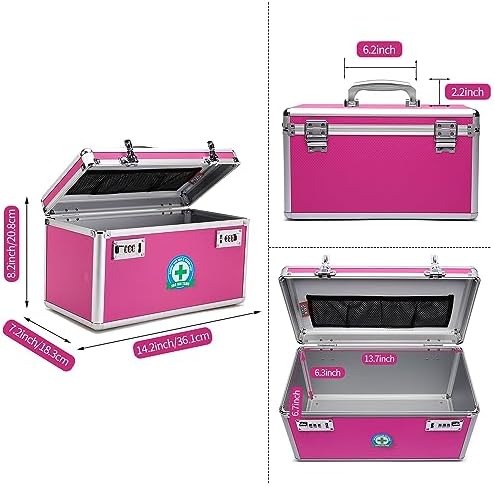 Lockable Medication Box with Portable Storage Case, 14.2''x 7.2''x 8.2'', Childproof Medicine Lock Organizer, Locking Box for Secure Cash, Jewelry, ID Documents (Pink/Large)