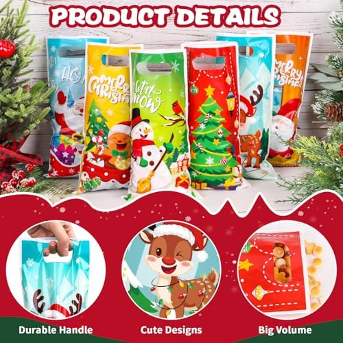 FOIMAS 108 PCS Christmas Treat Bags with Handles Plastic Christmas Goodie Candy Bags Xmas Gift Bag for Xmas Holiday Gift Wrapping Supply