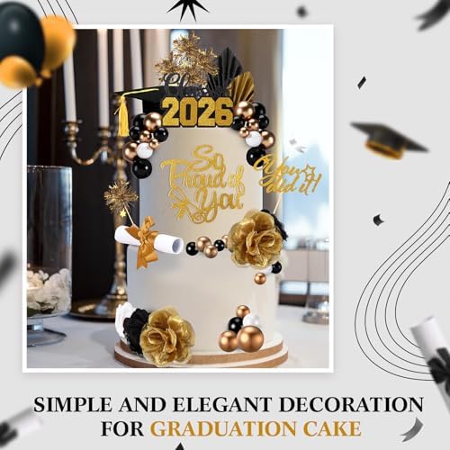 Sureio 48 Pcs Graduation Cake Toppers Class of 2026 Congrats Grad Cake Decor Graduation Cap Diploma Artificial Flowers Cards Balls Palm Leaves Firework Sticks Kit for Theme Party Supplies(Black)