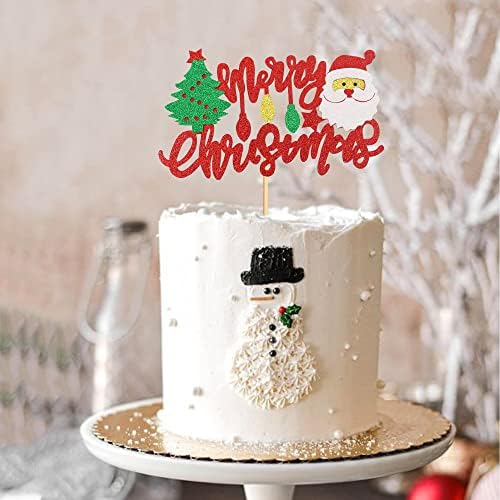 Ercadio 1 Pack Glitter Merry Christmas Cake Topper with Santa Claus Cake Picks for Christmas Eve and Xmas Party