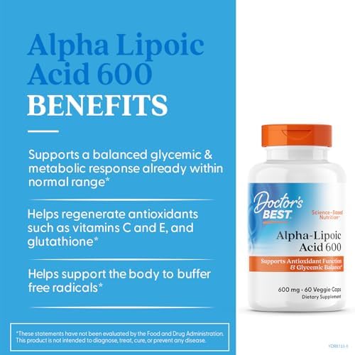 Doctor's Best Alpha Lipoic Acid Supplement 600mg - Alpha-Lipoic Acid Caps for Men & Women, ALA Antioxidant Support for Nerve Health, Aids in Cellular Function, Non GMO, Gluten Free - 60 Veg Capsules