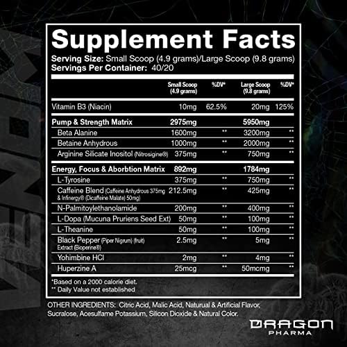 DRAGON PHARMA Venom Extreme Potency Pre-Workout, Laser Sharp Focus + Energy, Intense Performance, Proven Ingredients for Enhanced Vasodilation & Endurance (40 Servings, White Dragon)
