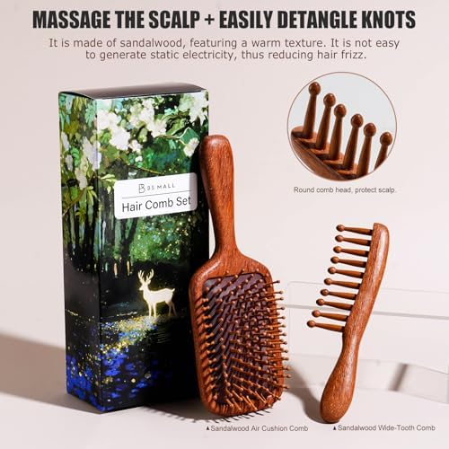 Hair Comb Set BS-MALL 2 Pcs Premium Sandal Wood, Wide Tooth Comb Set for Women and Men - Hair Comb with Massage Airbag to Smooth, Detangle and Stimulate Scalp - Anti-static Combs for Haircare at Home