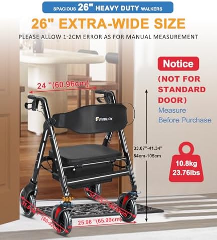 Walkers for Seniors with Seat,450Lbs Rolling Walker, 22" Extra-Wide Heavy-Duty All-Terrain Rollator Walker with Adjustable Height,Ergonomic Breathable Seat,Storage Bag,Foldable Mobility Aid For Adults