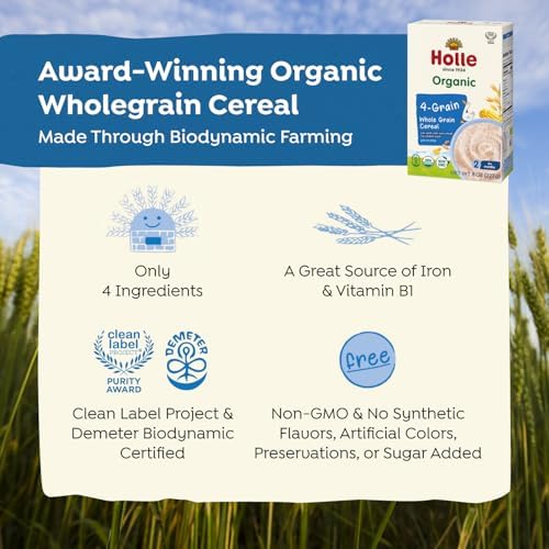 Holle Organic Whole Grain 4-Grain Baby Cereal, 6 Pack, 8 oz Boxes, 6+ Months, Demeter Biodynamic, USDA Organic, Non-GMO, No Added Sugar, Baby Porridge with Oat, Spelt, Corn & Wheat