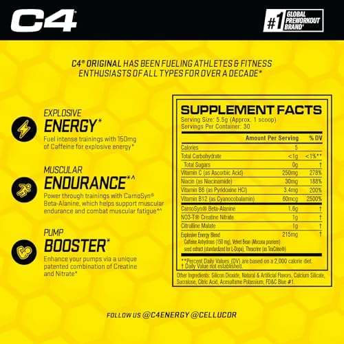 C4 Original Pre-Workout Powder For Endurance, Focus & Performance with 150mg Caffeine, Beta-Alanine, Creatine, Sugar Free Pre-Workout for Men & Women, 30 Servings, Frozen Bombsicle