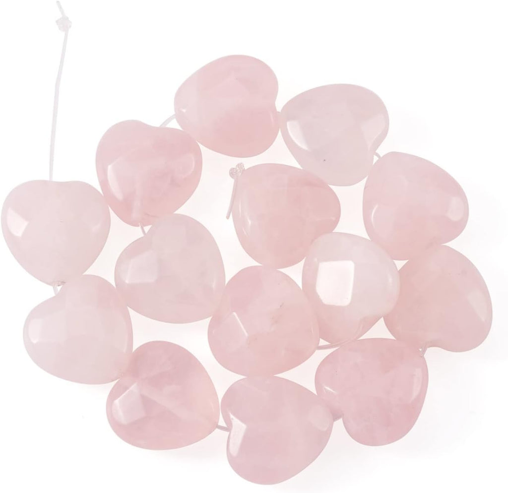 Fashewelry 14pcs Heart Natural Rose Quartz Stone Beads 15mm Faceted Tumbled Chakra Gemstone Pink Crystal Healing Beads for Valentines Day Earring Bracelet Necklace Jewelry Making