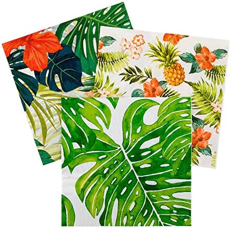 13 Inch Paper Luncheon Napkins, 20 Tropical Leaves Design Printed Napkins - 3-Ply, Textured Edges, White Paper Decorated Napkins, Soft And Strong, For Parties Or Catering Events - Restaurantware