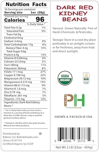 Organic Dark Red Kidney Beans- Fiber & Protein rich, Raw, Non-GMO, Vegan Bulk-10LB