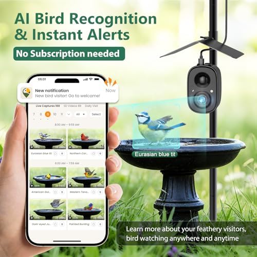 Smart Bird Feeder Camera Solar Powered with Pole, 2.5K HD Birdwatching Live Video Auto Capture, AI Identification & Instant Notification, Wireless Bird House/Bath Cam Outdoor, Gift for Bird Lovers