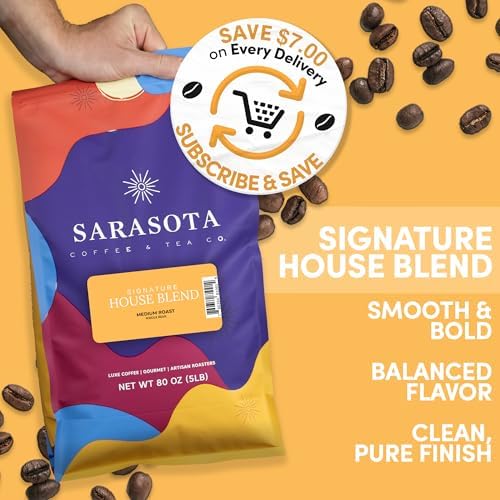 Sarasota Coffee Whole Bean Signature House Breakfast Blend | Medium Roast Gourmet Coffee Beans | Low Acid, Mold Free, Specialty Grade Bulk Beans | 5lb (80 oz)