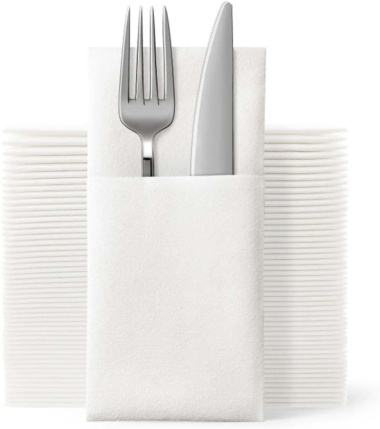 CANDeal 50/100PCS Pre-Folded Disposable Paper Dinner Napkins,White Wedding Napkins with Pocket for Silverware, Linen-Like Thick and Highly Absorbent (100)