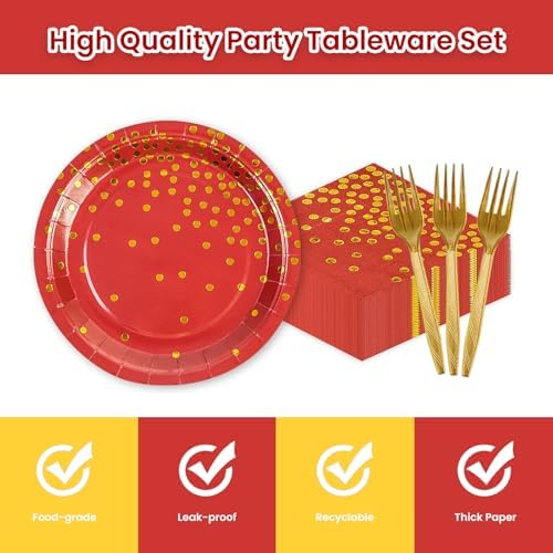75Pcs Red Dots Glod Paper Plates and Napkins Party Supplies Set,Red Disposable Plates Party Supplies Includes Paper Napkins Forks Decorations for Birthday,Wedding,Christmas,Serves 25
