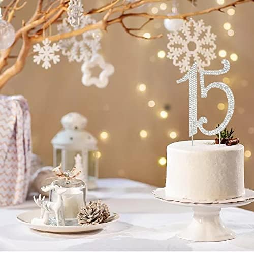 Honbay 15 Birthday Cake Topper Sparkly Bling Alloy Crystal Rhinestones Cake Topper Cake Decoration for 15th Birthday or Anniversary Party (Silver)