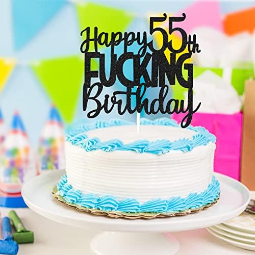 Happy 55th Birthday Cake Topper - Funny Black Glitter 55 & Fabulous Party Supplies For Men - Cheers to 55 Years Party Cake Decoration
