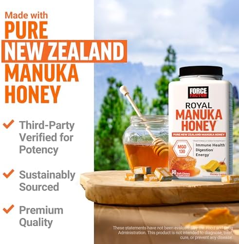 Force Factor Royal Manuka Honey, Pure New Zealand Manuka, Support Immune Health, Digestion & Energy, MGO 130, Sustainably Sourced, Honey-Lemon, 60 Soft Chews