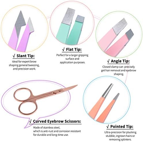 TsMADDTs 6 pcs Tweezers Set for Women, Eyebrow Tweezers with Curved Scissor for Ingrown Hair, Hair Plucking Daily Beauty Tools with Leather Travel Case