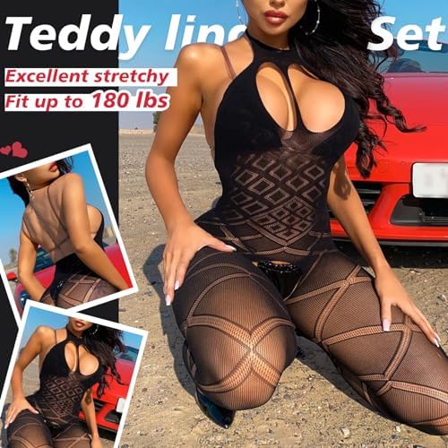 Sexy Lingerie for Women Naughty Fishnet Lingerie Set Bodysuit Outfits Teddy Sheer Mesh Erotic