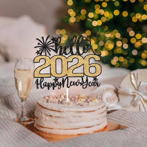 Hello 2026 Happy New Year Cake Topper, Farewell 2025 Hello 2026, Happy New Year's Eve Party Decoration Supplies, Black and Gold Glitter