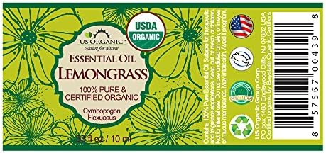 US Organic 100% Pure Lemongrass Essential Oil, USDA Certified Organic, Extracted by Steam Distillation Method, for Hair, Nail Polish Remover, Bees Attraction, and More. 10 ml