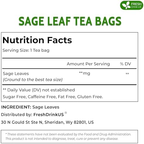 FreshDrinkUS, 75 Sage Leaf Tea Bags, 100% Natural & Pure from Sage Leaves. Loose Leaf Sage Herbal Tea. Sage Leaf Tea. Made with Natural Material Tea Bags. No Sugar, No Caffeine, No Gluten, Vegan.