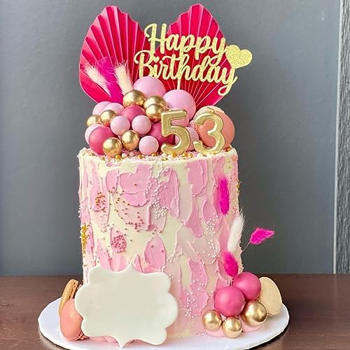 Flower Cake Topper Gold Palm Leaves Balls Cake Decoration for Baby Shower Birthday Party (Hot Pink)