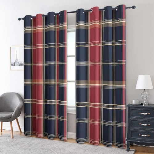 Plaid Tartan Curtains for Bedroom Decor, 54 Inches Long, Red Navy Blue Checkered Scottish Pattern Design Blackout Drapes, Plaid Tartan Curtains for Living Room, 2 Panels Set (E&-1786)
