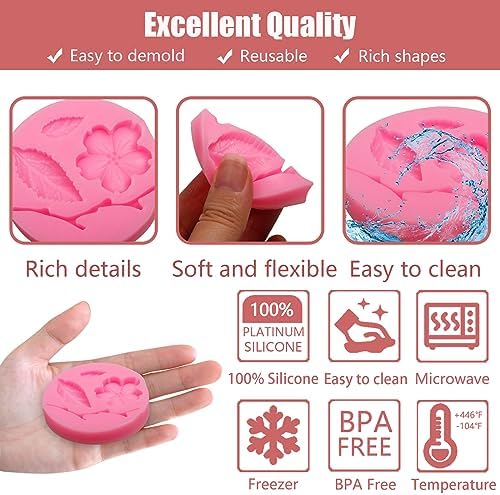 Peach Blossom Shape Molds 4 Pcs, Plant Flowers Leaf Fondant Silicone Molds for Cake Decoration Candy Sugar Cupcake Topper Cake Pop Popsicle Polymer Clay Crafts