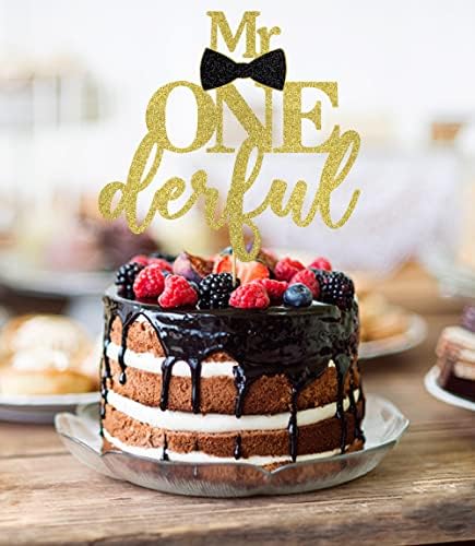 Mr Onederful Cake Topper,Baby Boy 1st Birthday Cake Topper, Bow Tie First Birthday Boy Baby Shower Party Cake Decorations Supplies (Gold Glitter)