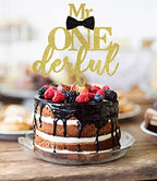 Mr Onederful Cake Topper,Baby Boy 1st Birthday Cake Topper, Bow Tie First Birthday Boy Baby Shower Party Cake Decorations Supplies (Gold Glitter)