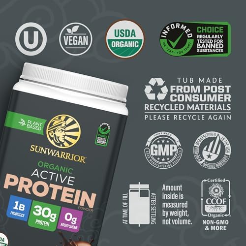 Sunwarrior Organic Plant Based Protein Powder | Vegan Organic Protein Powder with BCAA Amino Acids Plus Recovery Minerals & Botanicals | Non-GMO Soy Dairy & Gluten Free (Chocolate, 20 Servings)