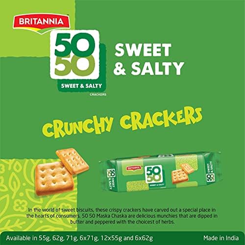 Britannia Crackers 50 50 Sweet and Salty Biscuit 2.19oz (62g) - Delicious, Light & Crispy Grocery Cookies - Best Treat for Friends & Family (Pack of 24)