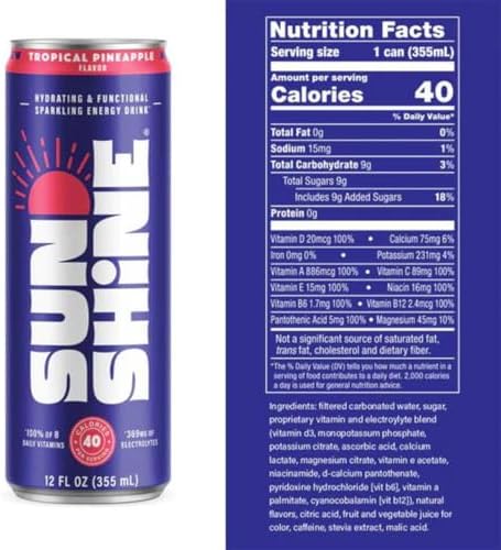 Sunshine Sparkling Energy Drink, Tropical Pineapple with Daily Essential Vitamins, 360mg of Electrolytes, 70mg of Natural Caffeine, 12 Fl Oz (Pack of 24)