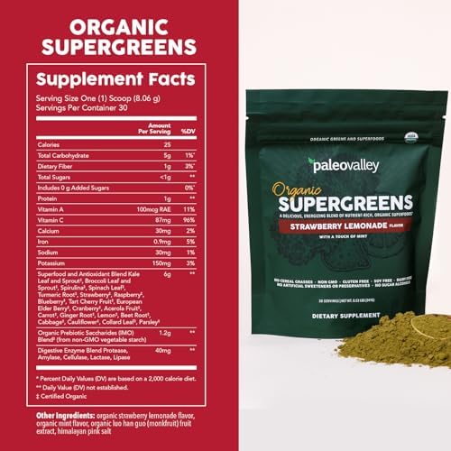Paleovalley Organic Supergreens - Organic Greens Powder Superfood for Immune Support - Paleo Green Powder Blend - 30 Servings - 23 Superfoods - Gluten Free, No Cereal Grasses, Soy or Grain