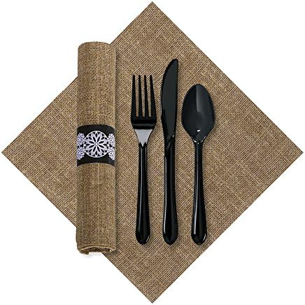 Hoffmaster 120006 FashnPoint Burlap CaterWrap with Print Dinner Napkin and Black Cutlery, Pre-Rolled, 15.5" Length x 15.5" Width, Natural (2 Bags of 50) (Pack of 100), 15.5" x 15.5"