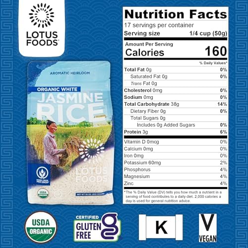 Lotus Foods Organic White Jasmine Rice - Jasmine Rice, Gluten Free White Rice, Organic Rice, Long Grain Asian Sticky Rice, USDA Organic, Vegan, Gluten Free - 30 Oz (Pack of 6)